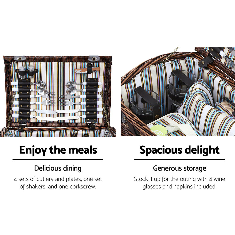 Deluxe 4-Person Insulated Picnic Basket with Wicker Baskets and Matching Blanket