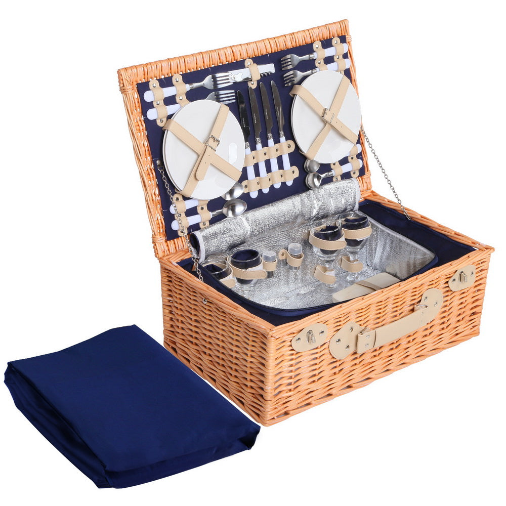 Navy Wicker 4-Person Insulated Picnic Basket Set with Blanket