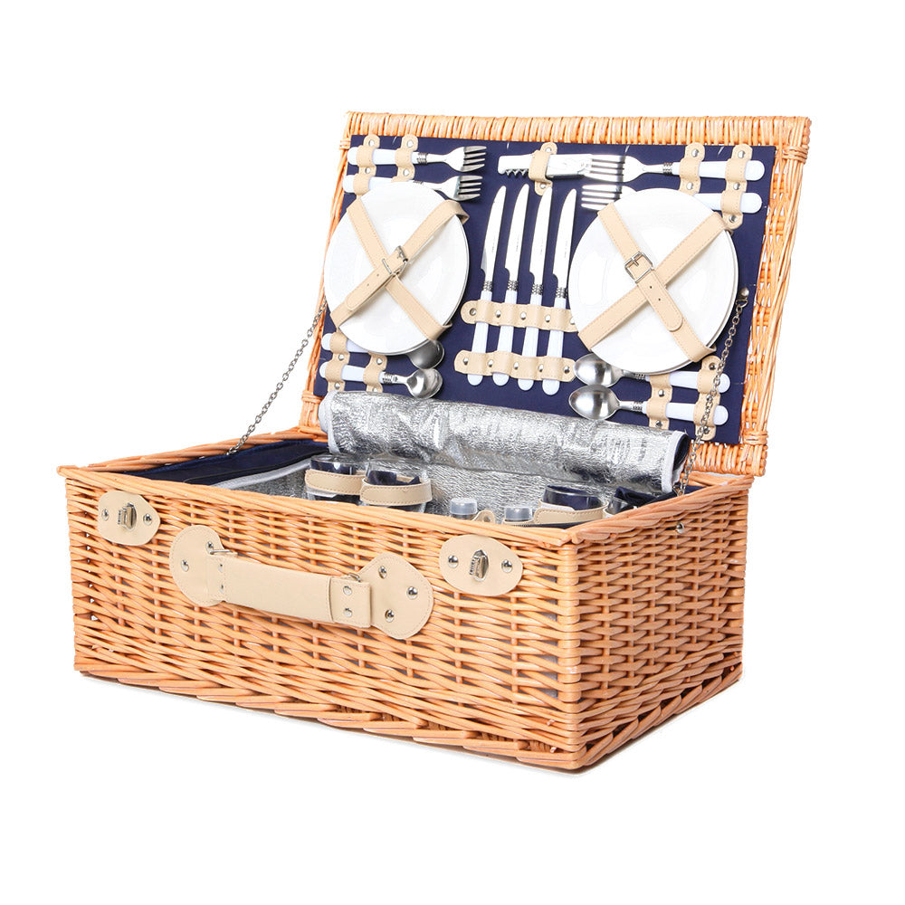 Navy Wicker 4-Person Insulated Picnic Basket Set with Blanket