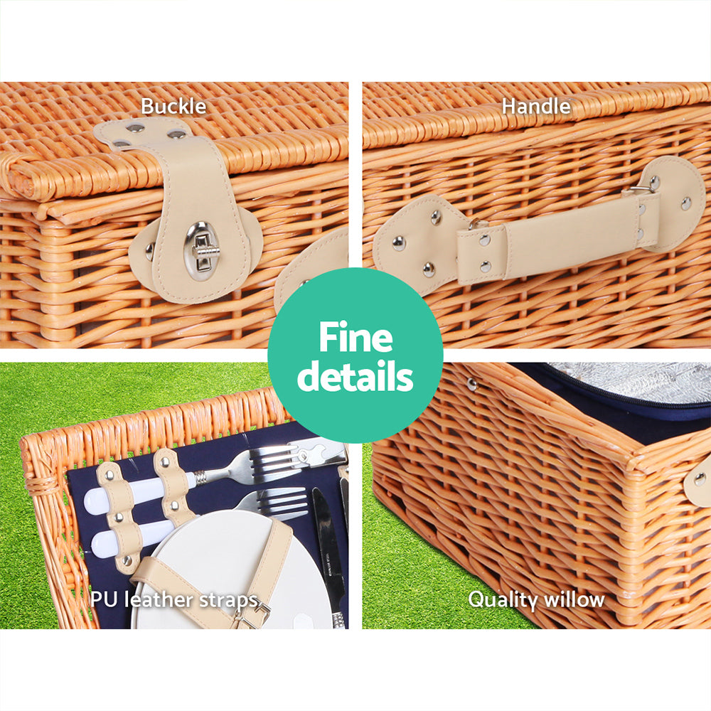 Navy Wicker 4-Person Insulated Picnic Basket Set with Blanket