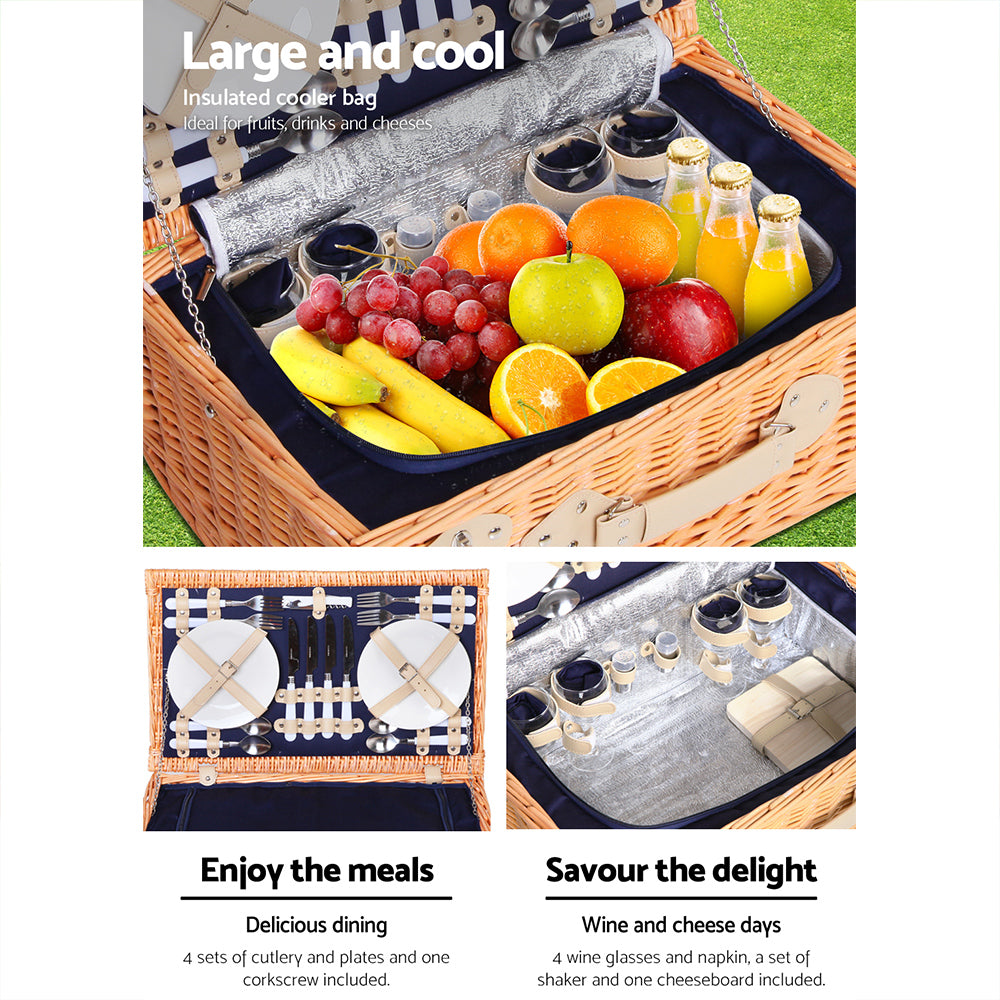 Navy Wicker 4-Person Insulated Picnic Basket Set with Blanket