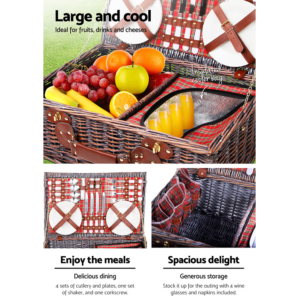 Deluxe Wicker Picnic Set for 4 with Insulated Cooler and Blanket