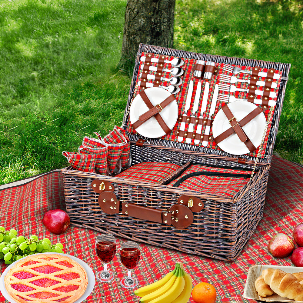 Deluxe Wicker Picnic Set for 4 with Insulated Cooler and Blanket