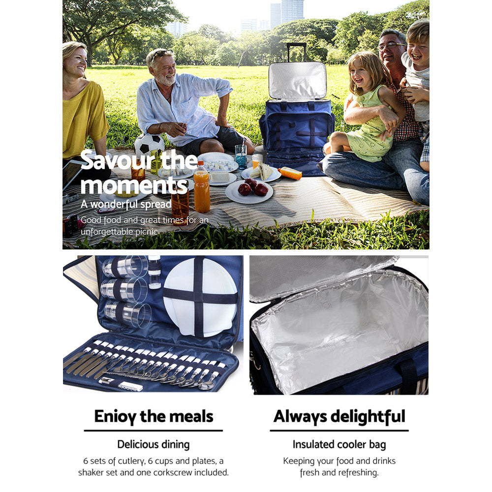 Deluxe 6-Person Insulated Picnic Trolley Set with Cooler and Wheels