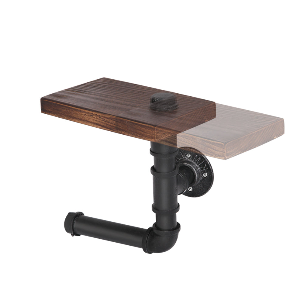 Rustic Adjustable Pipe Shelf Toilet Paper Holder with Rotating Wood Shelf