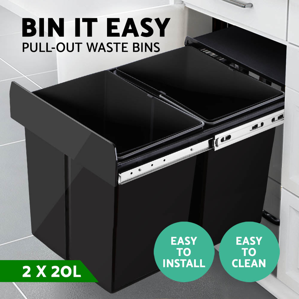 Cefito 2x20L Under-Counter Pull-Out Trash Bin - Sleek Black Design