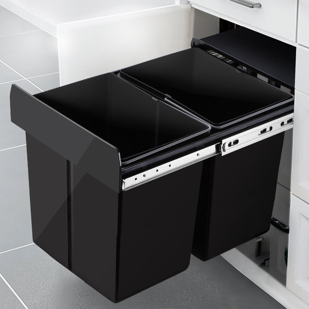 Cefito 2x20L Under-Counter Pull-Out Trash Bin - Sleek Black Design
