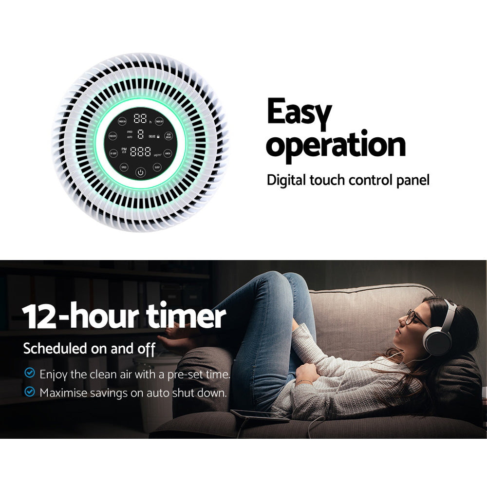 Devanti Compact HEPA Air Purifier with Ioniser and Air Quality Sensor for Home and Office