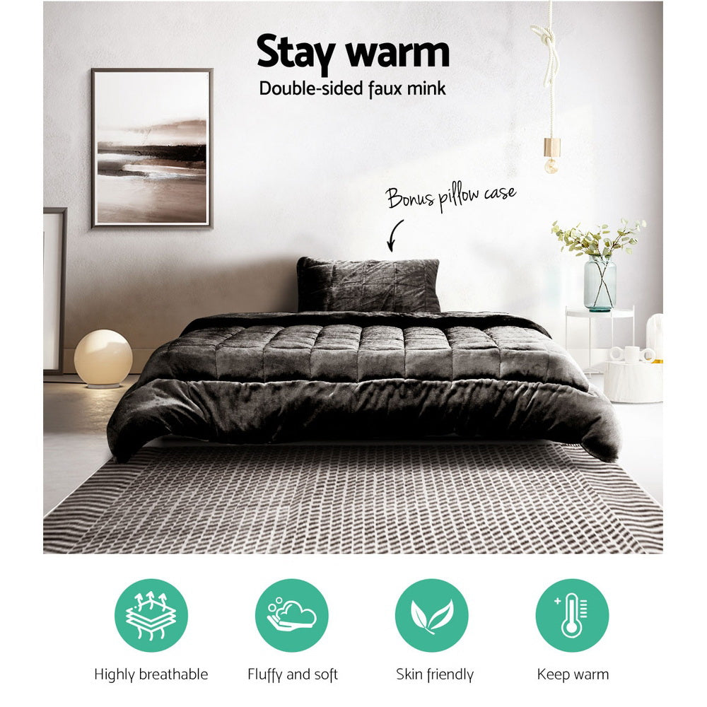 Giselle Charcoal Luxe Faux Mink Quilt and Pillowcase Set - Single Size Premium Bedding Collection