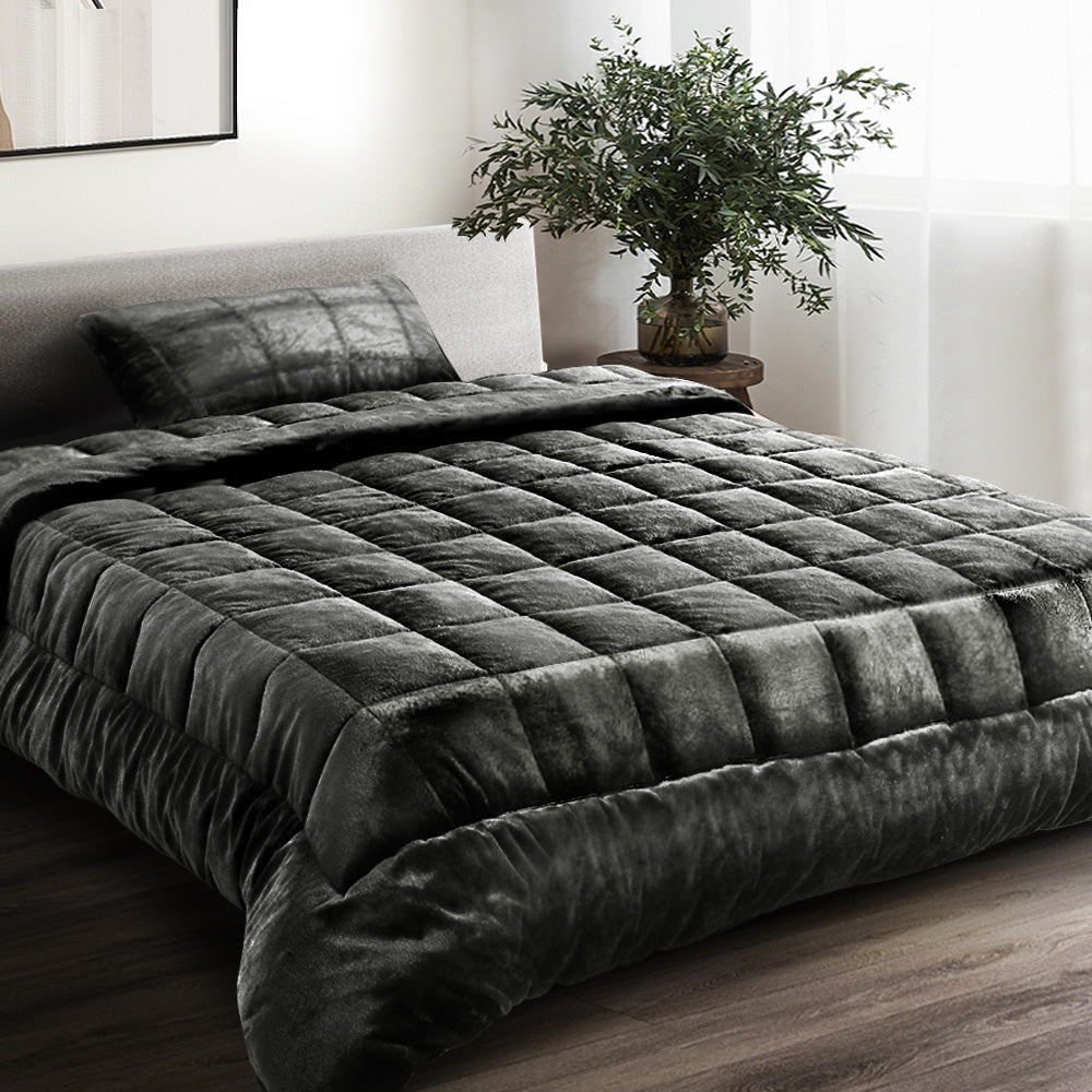 Giselle Charcoal Luxe Faux Mink Quilt and Pillowcase Set - Single Size Premium Bedding Collection