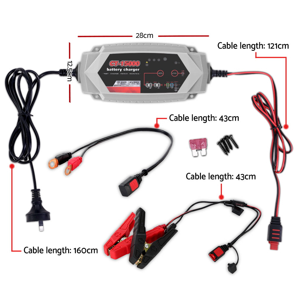15A Smart Automatic Battery Charger for 12V/24V Cars, Trucks, Boats, and Motorcycles - Intelligent Microprocessor with 10 Modes and 6-Way Protection