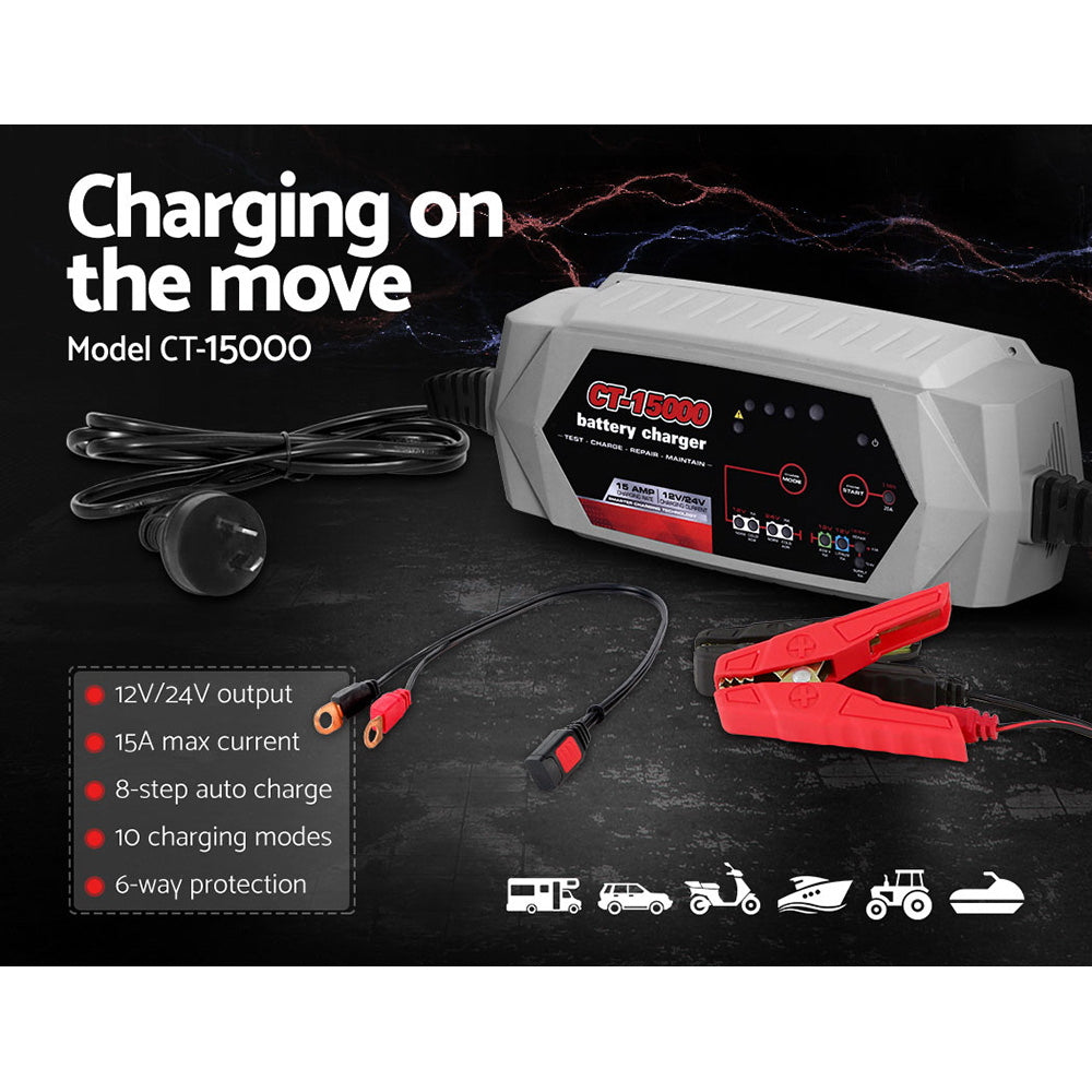 15A Smart Automatic Battery Charger for 12V/24V Cars, Trucks, Boats, and Motorcycles - Intelligent Microprocessor with 10 Modes and 6-Way Protection