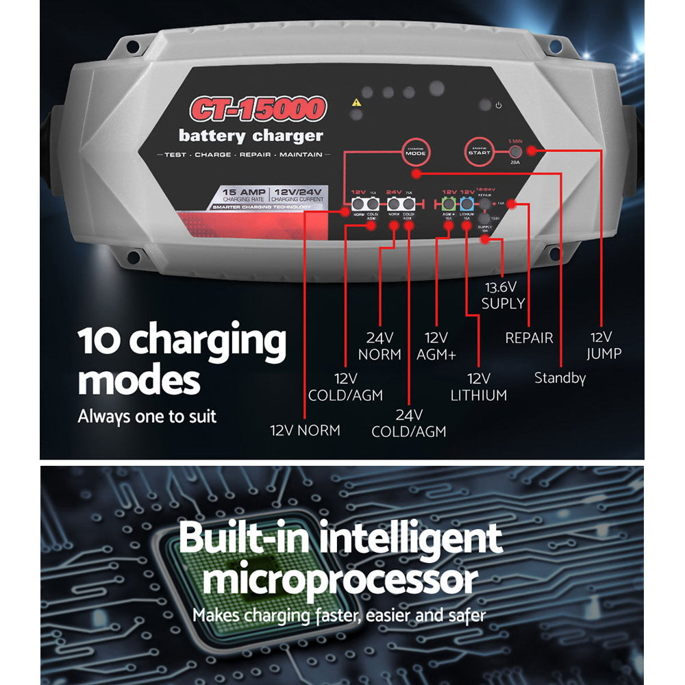 15A Smart Automatic Battery Charger for 12V/24V Cars, Trucks, Boats, and Motorcycles - Intelligent Microprocessor with 10 Modes and 6-Way Protection
