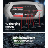 15A Smart Automatic Battery Charger for 12V/24V Cars, Trucks, Boats, and Motorcycles - Intelligent Microprocessor with 10 Modes and 6-Way Protection - Top-Down View