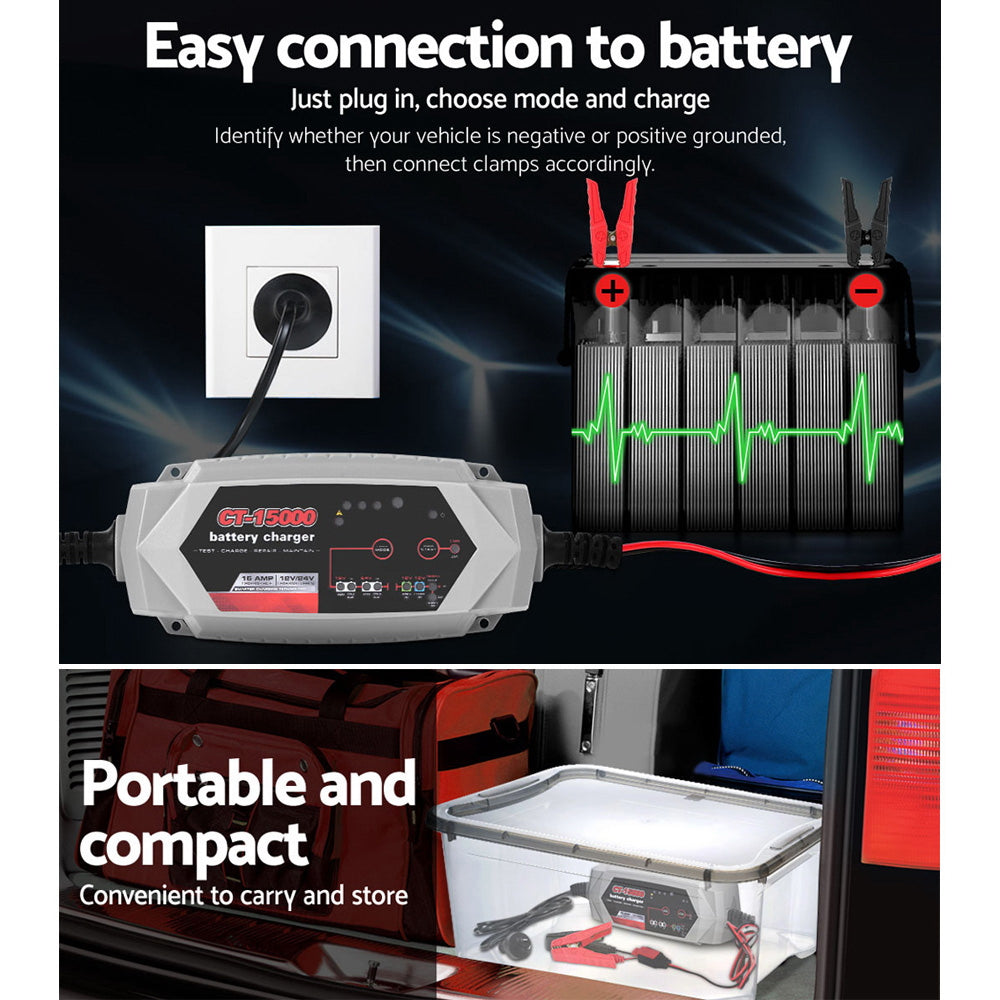 15A Smart Automatic Battery Charger for 12V/24V Cars, Trucks, Boats, and Motorcycles - Intelligent Microprocessor with 10 Modes and 6-Way Protection