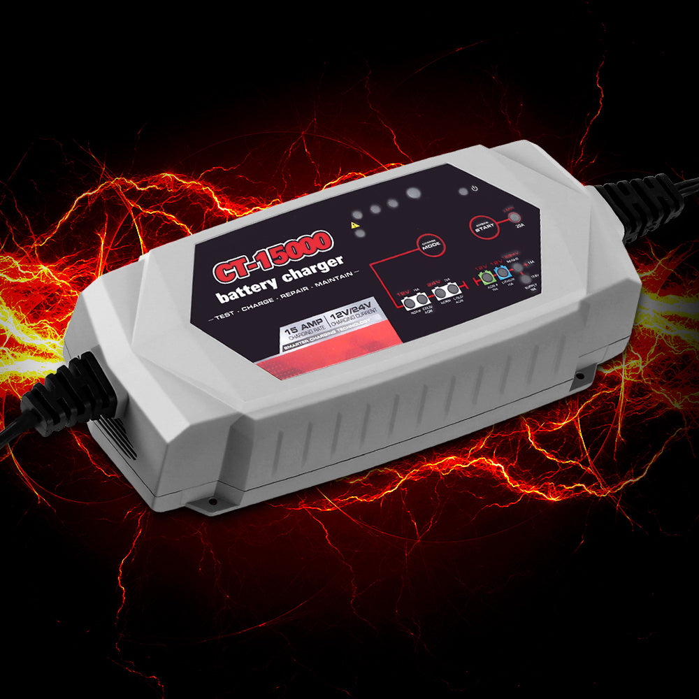 15A Smart Automatic Battery Charger for 12V/24V Cars, Trucks, Boats, and Motorcycles - Intelligent Microprocessor with 10 Modes and 6-Way Protection