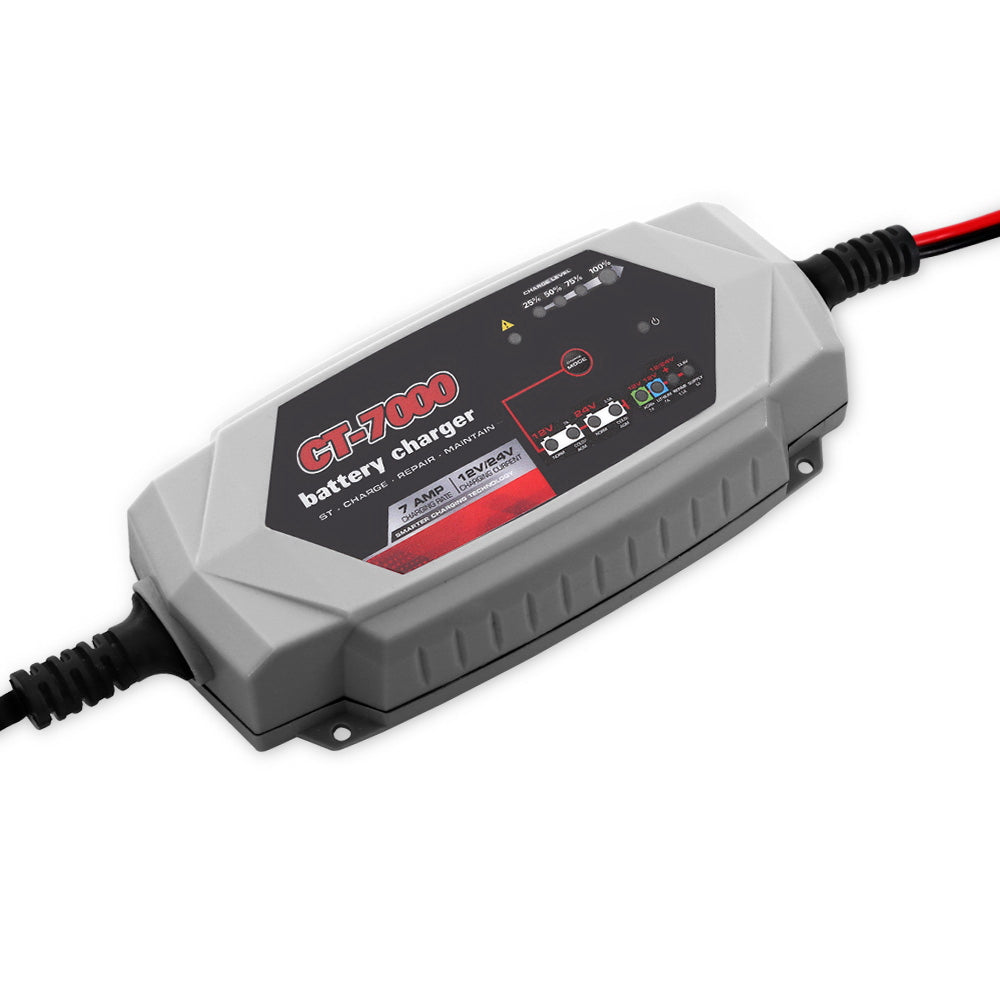 Automatic 7A Smart Battery Charger for 12V & 24V Cars, Trucks, Boats, and Motorcycles with Advanced Safety Features