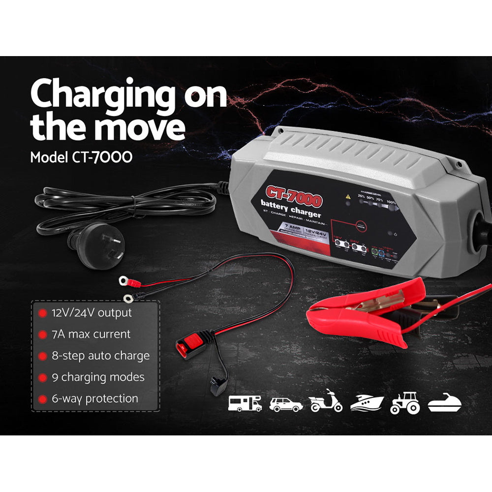 Automatic 7A Smart Battery Charger for 12V & 24V Cars, Trucks, Boats, and Motorcycles with Advanced Safety Features