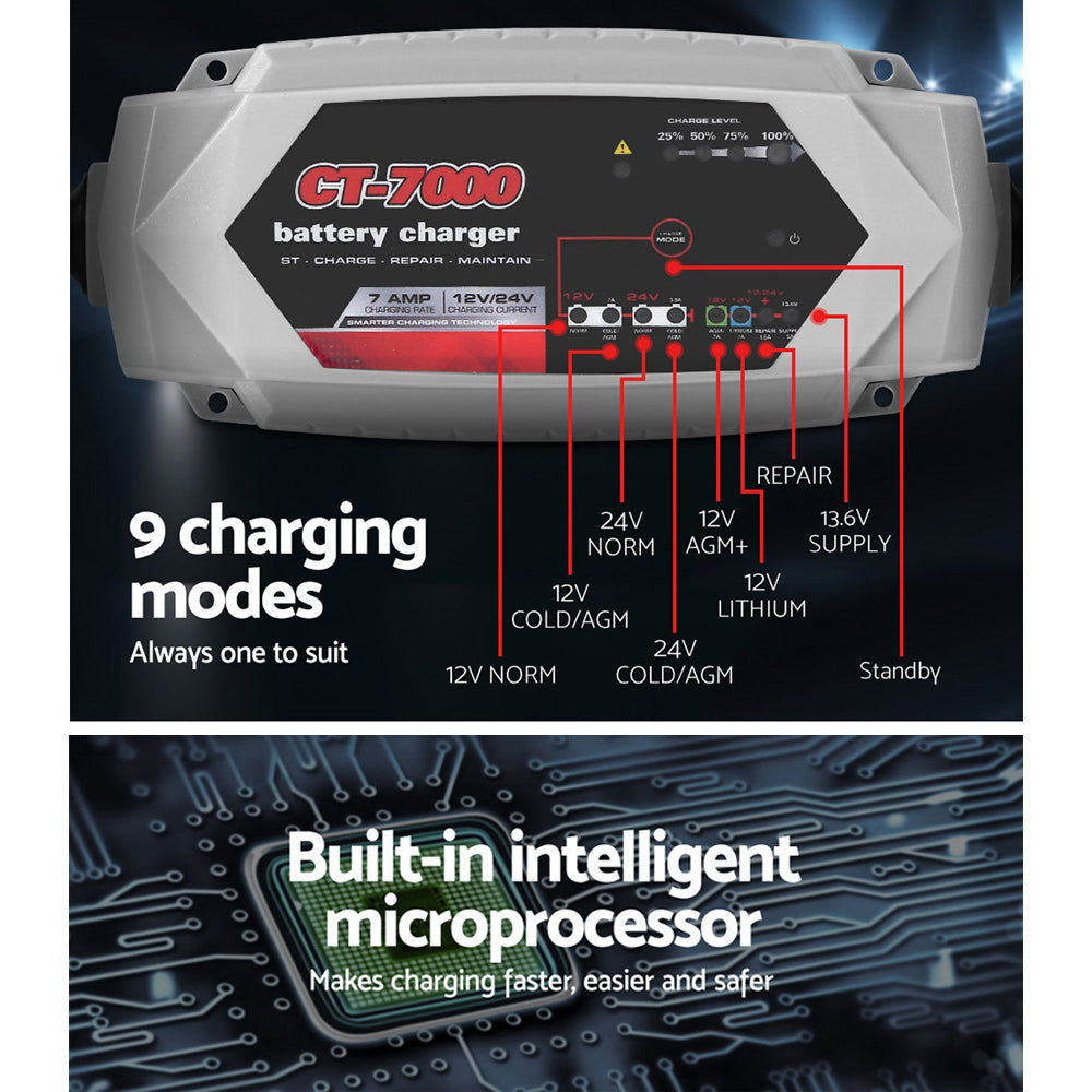 Automatic 7A Smart Battery Charger for 12V & 24V Cars, Trucks, Boats, and Motorcycles with Advanced Safety Features