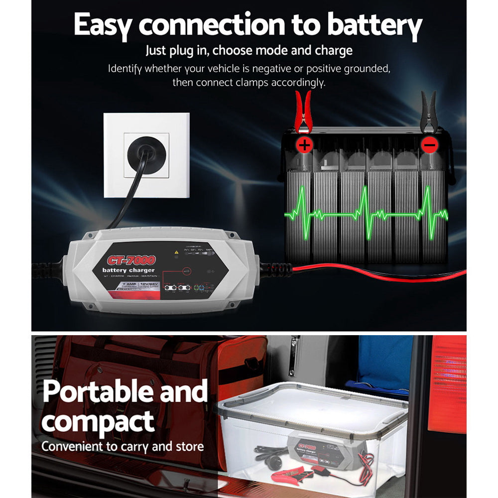 Automatic 7A Smart Battery Charger for 12V & 24V Cars, Trucks, Boats, and Motorcycles with Advanced Safety Features