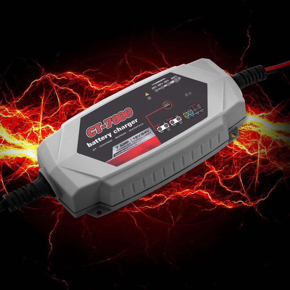 Automatic 7A Smart Battery Charger for 12V & 24V Cars, Trucks, Boats, and Motorcycles with Advanced Safety Features