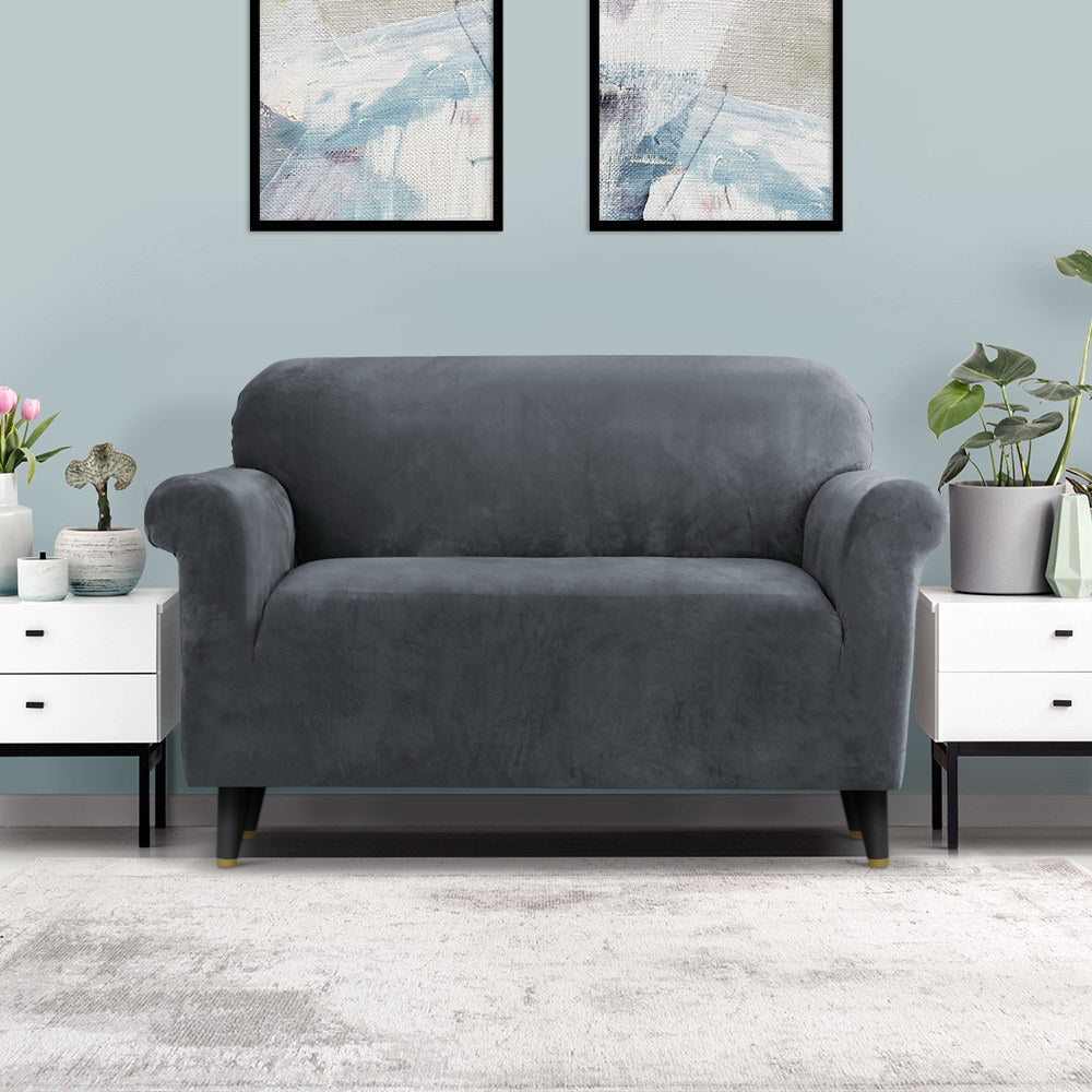 Artiss Grey Velvet Stretch Sofa Cover for 2-Seater Couch - Plush and Protective