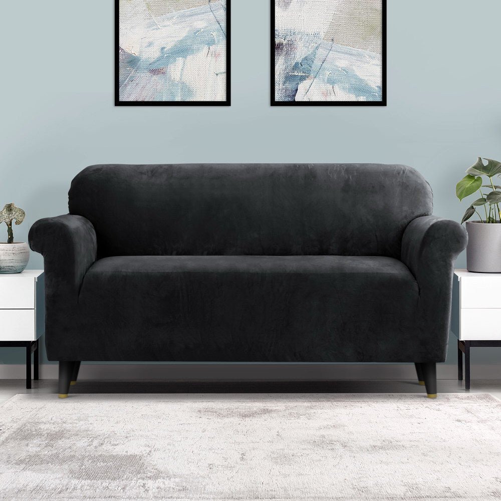 Artiss Plush Velvet Couch Cover for 3-Seater Sofa in Elegant Black
