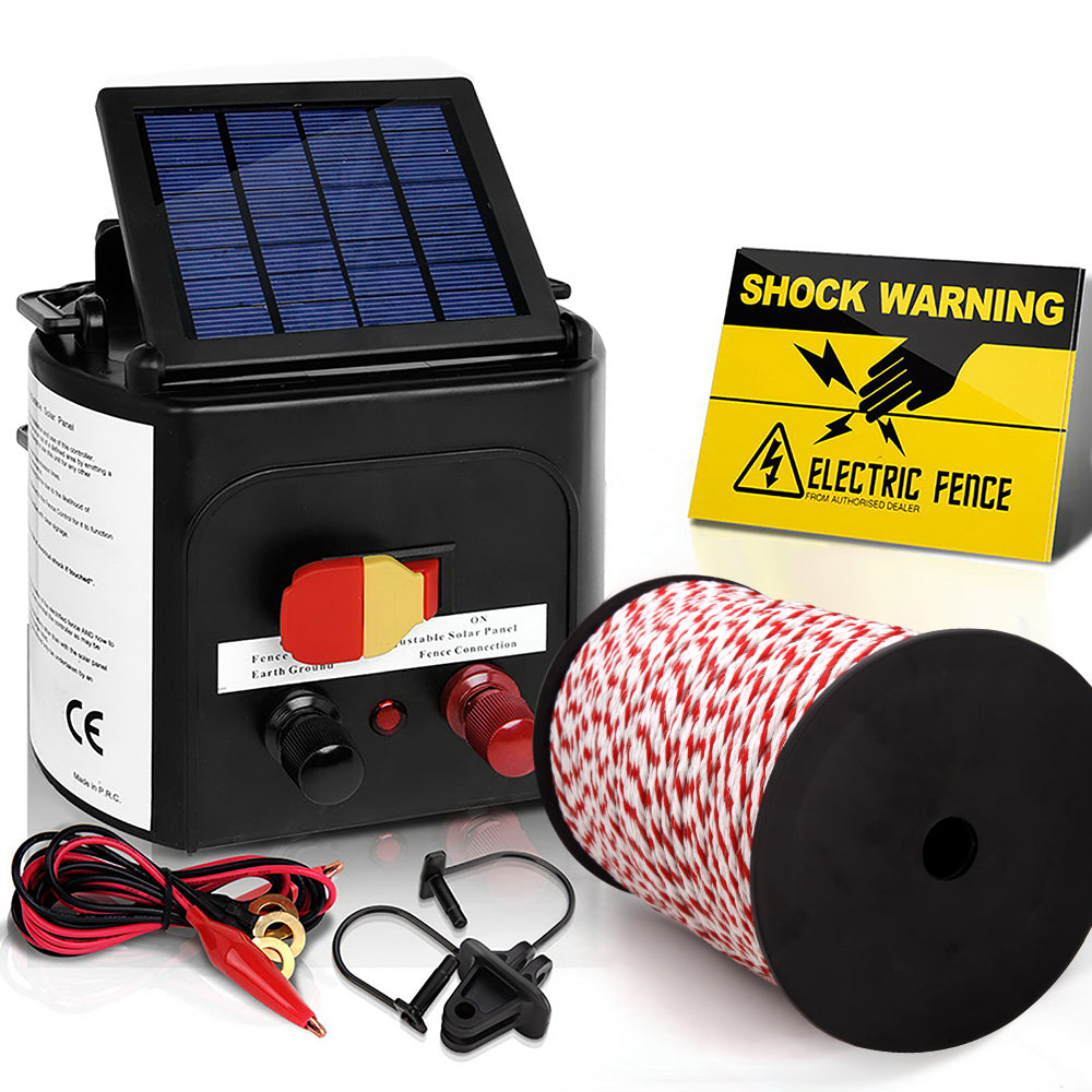 Giantz 3km Solar-Powered Electric Fence Energiser Set with 500m Polyrope and Warning Signs