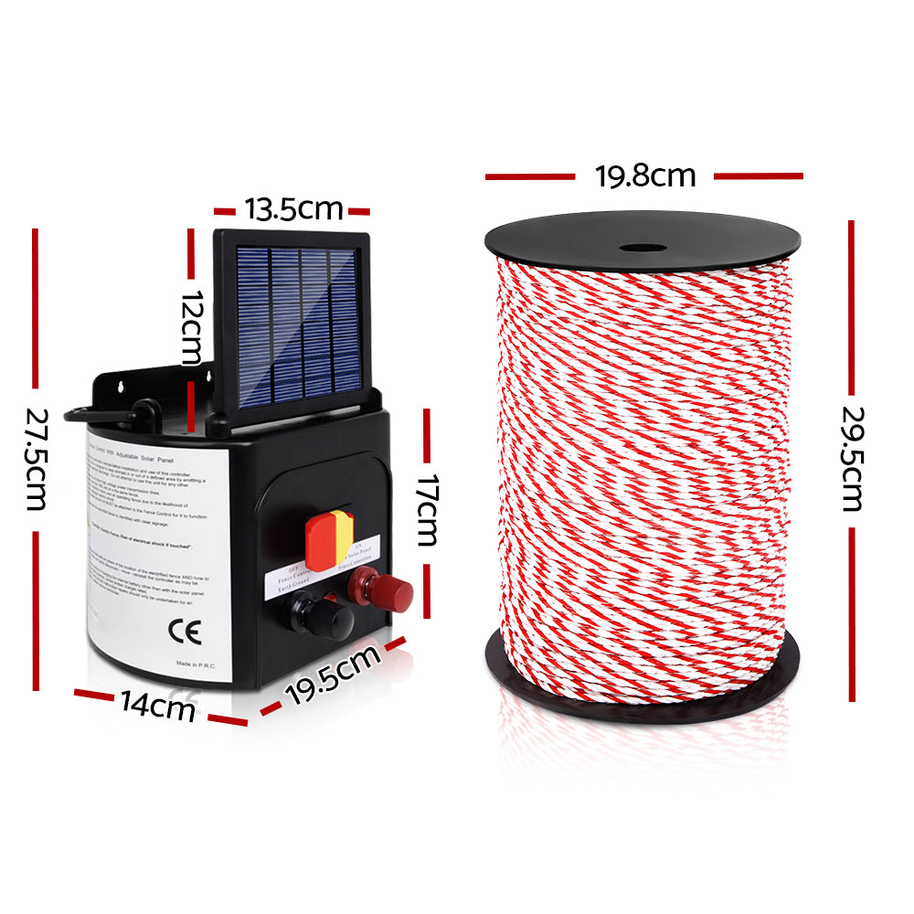 Giantz 3km Solar-Powered Electric Fence Energiser Set with 500m Polyrope and Warning Signs
