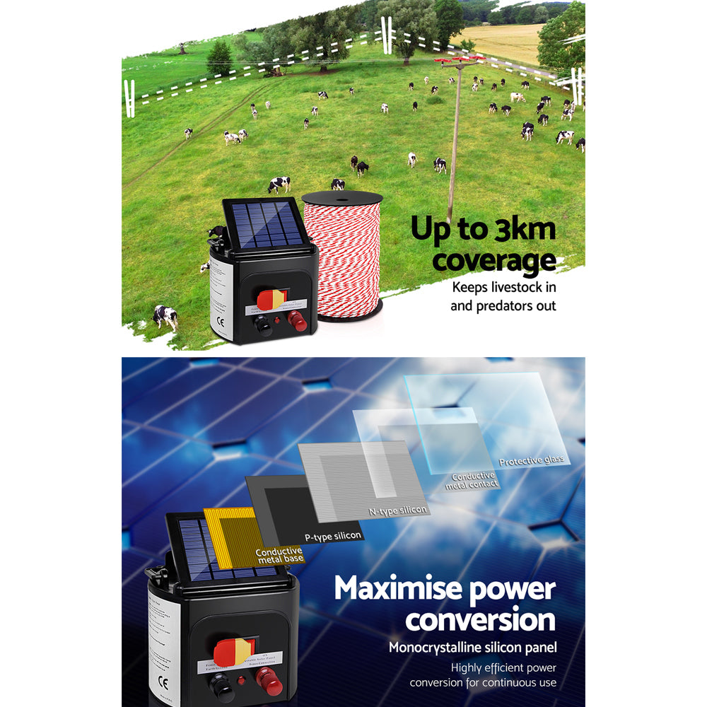 Giantz 3km Solar-Powered Electric Fence Energiser Set with 500m Polyrope and Warning Signs
