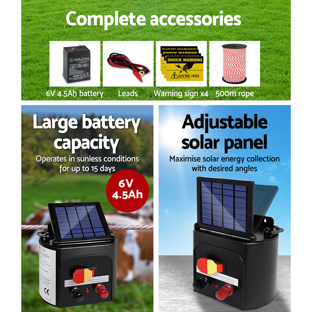 Giantz 3km Solar-Powered Electric Fence Energiser Set with 500m Polyrope and Warning Signs