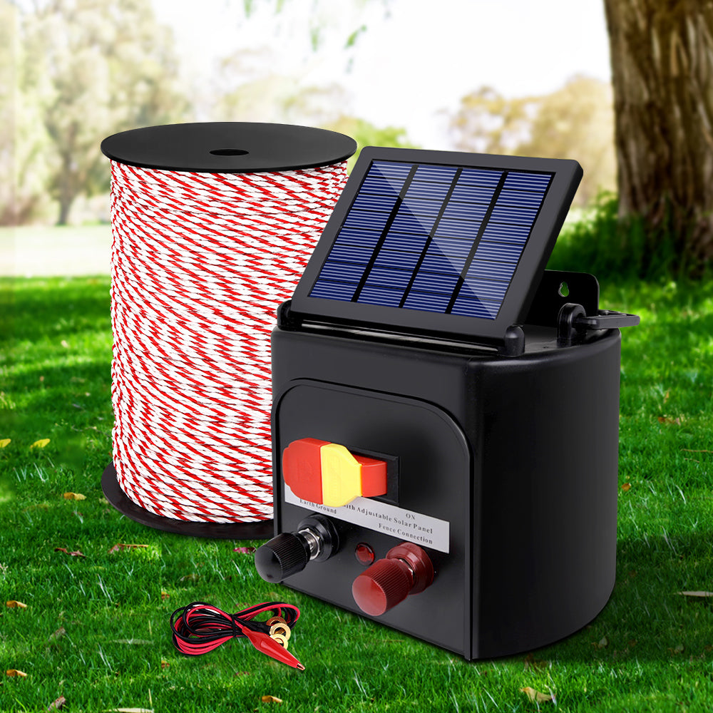 Giantz 3km Solar-Powered Electric Fence Energiser Set with 500m Polyrope and Warning Signs