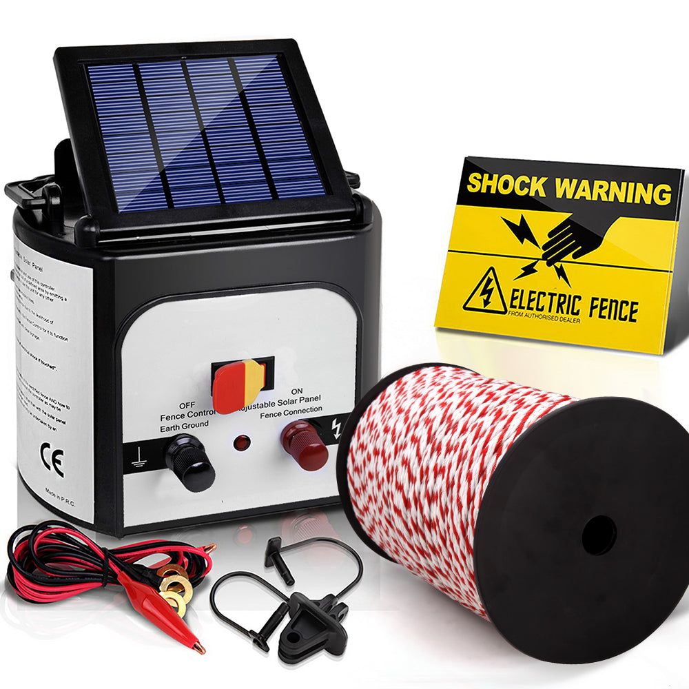 Giantz 8km Solar Electric Fence Energiser Kit with 500m Polytape and Warning Signs