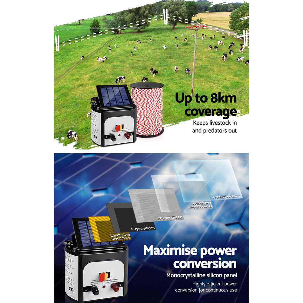 Giantz 8km Solar Electric Fence Energiser Kit with 500m Polytape and Warning Signs