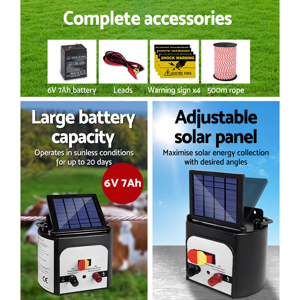 Giantz 8km Solar Electric Fence Energiser Kit with 500m Polytape and Warning Signs