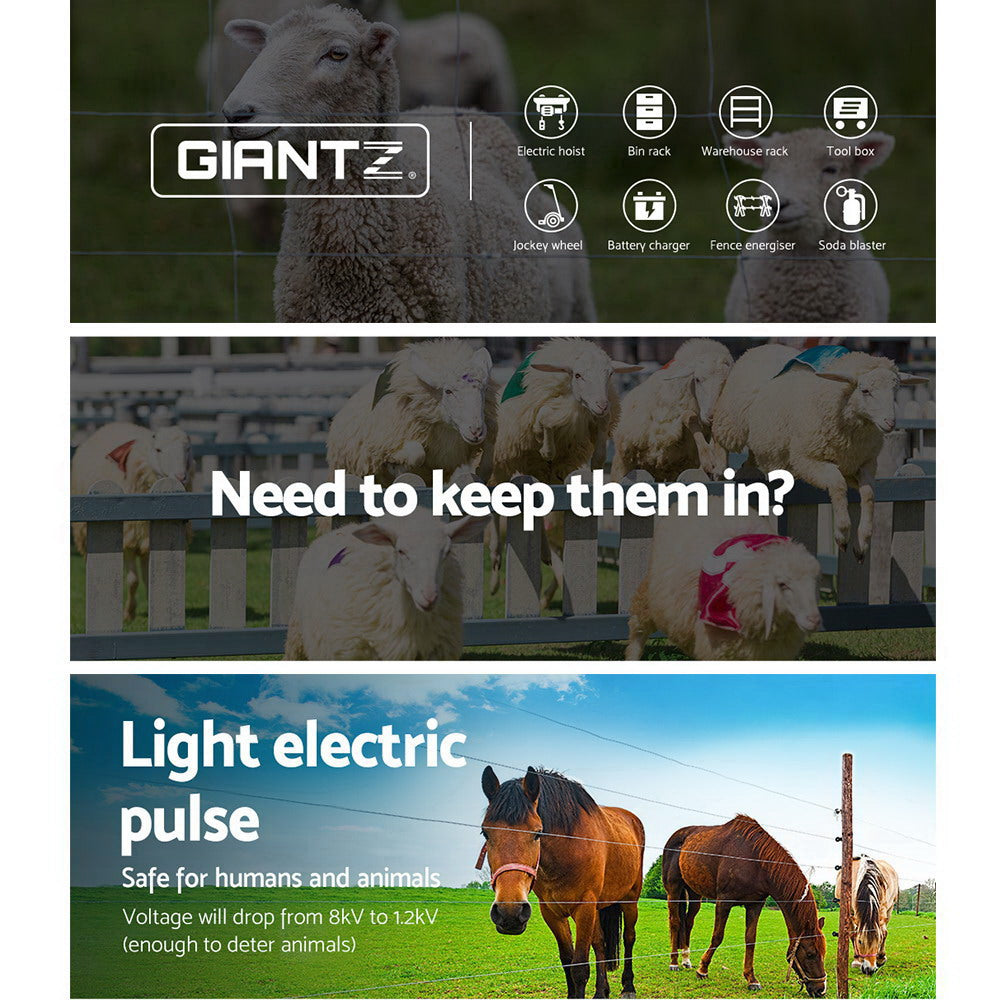Giantz 5KM Solar-Powered Electric Fence Energiser with 2000M High-Visibility Poly Wire Tape