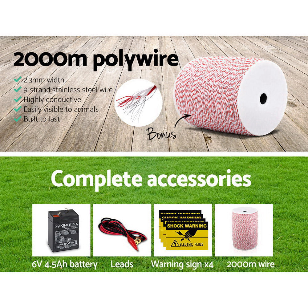 Giantz 5KM Solar-Powered Electric Fence Energiser with 2000M High-Visibility Poly Wire Tape