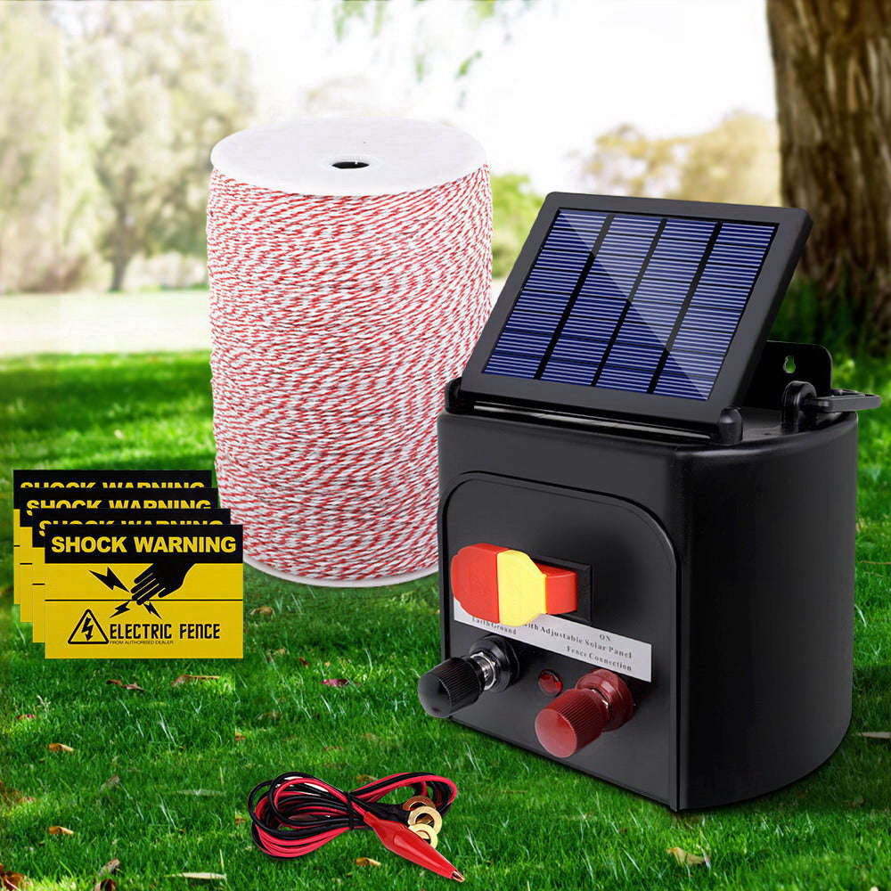 Giantz 5KM Solar-Powered Electric Fence Energiser with 2000M High-Visibility Poly Wire Tape
