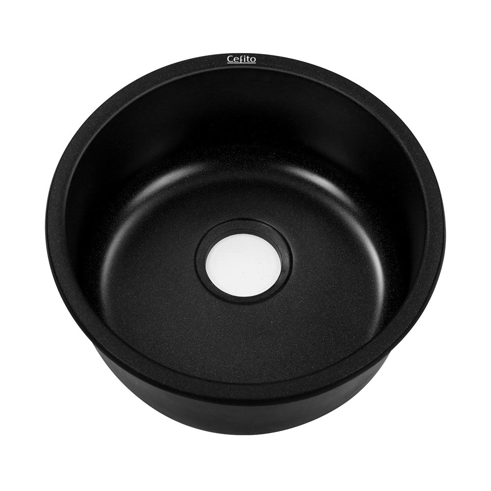 Cefito 430MM Round Black Granite Kitchen Sink - Stylish Under/Topmount Basin for Modern Kitchens