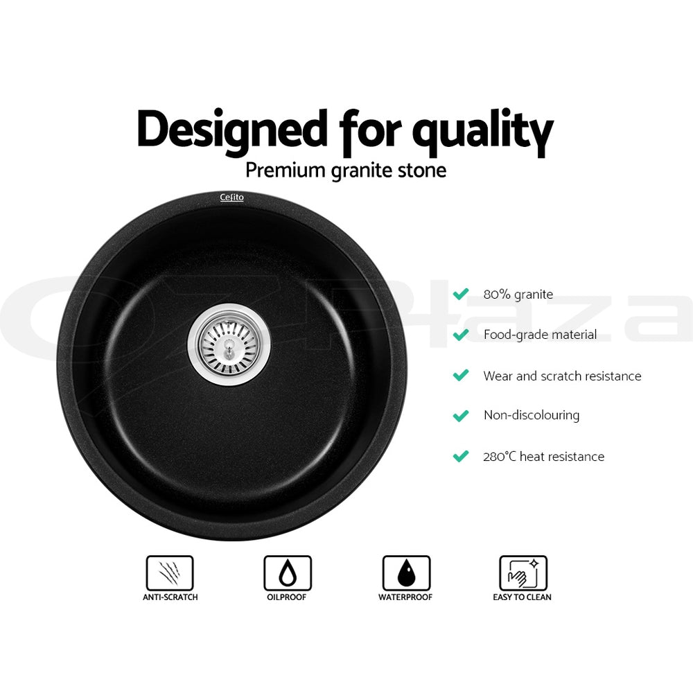 Cefito 430MM Round Black Granite Kitchen Sink - Stylish Under/Topmount Basin for Modern Kitchens