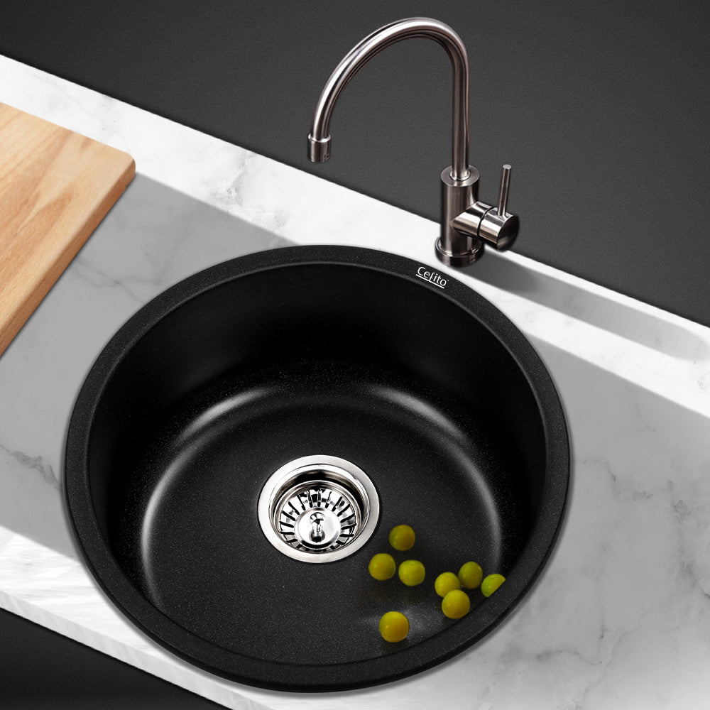 Cefito 430MM Round Black Granite Kitchen Sink - Stylish Under/Topmount Basin for Modern Kitchens