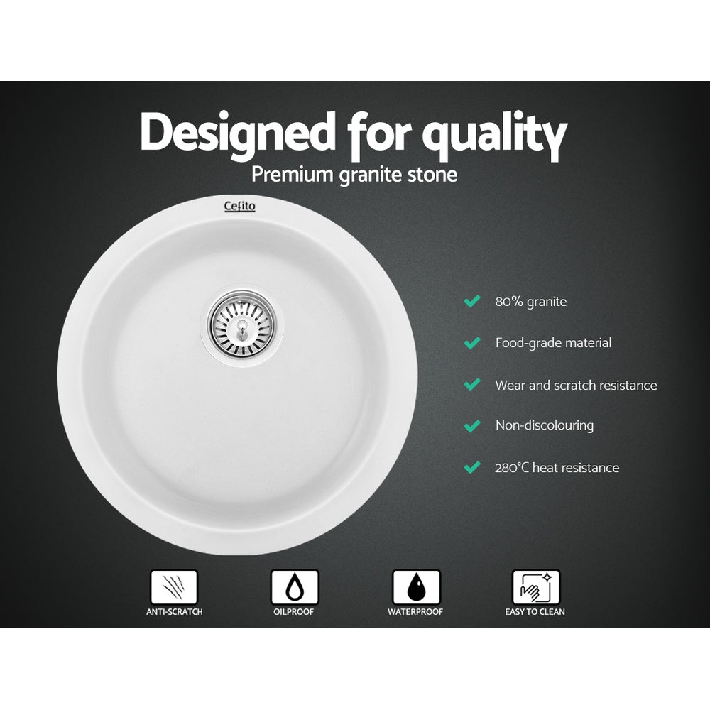 Cefito 430MM Round White Granite Composite Sink - Stylish Versatile Basin for Laundry and Kitchen Use