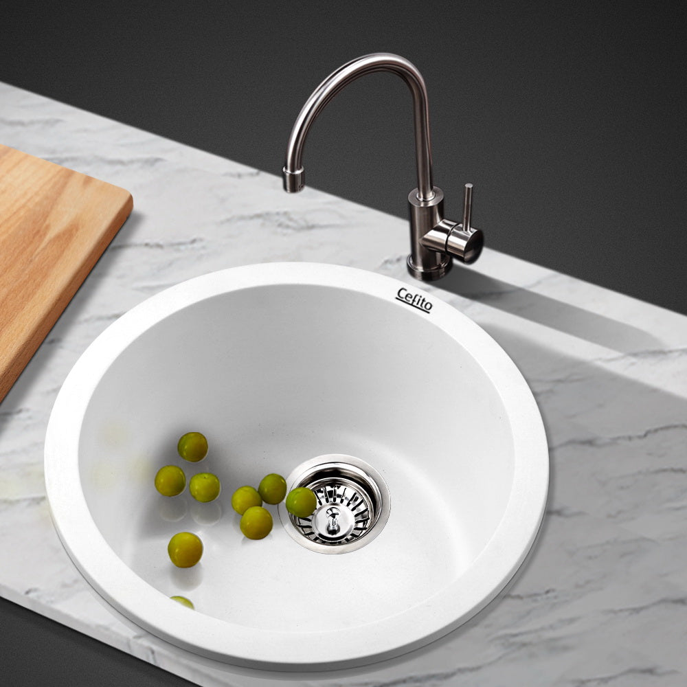 Cefito 430MM Round White Granite Composite Sink - Stylish Versatile Basin for Laundry and Kitchen Use
