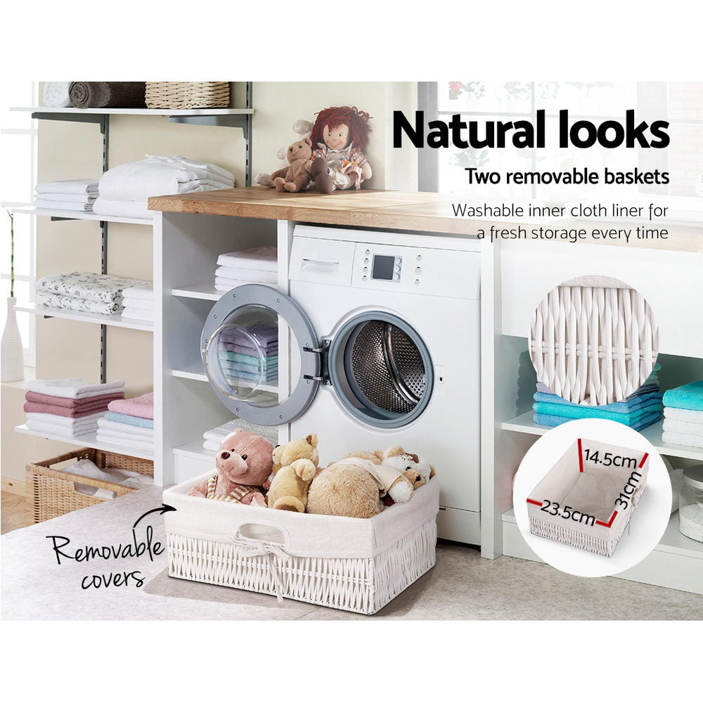 Artiss Alcott Rustic Bedside Storage Table with Wicker Baskets