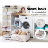 Artiss Alcott Rustic Bedside Storage Table with Wicker Baskets - Close-Up Angle