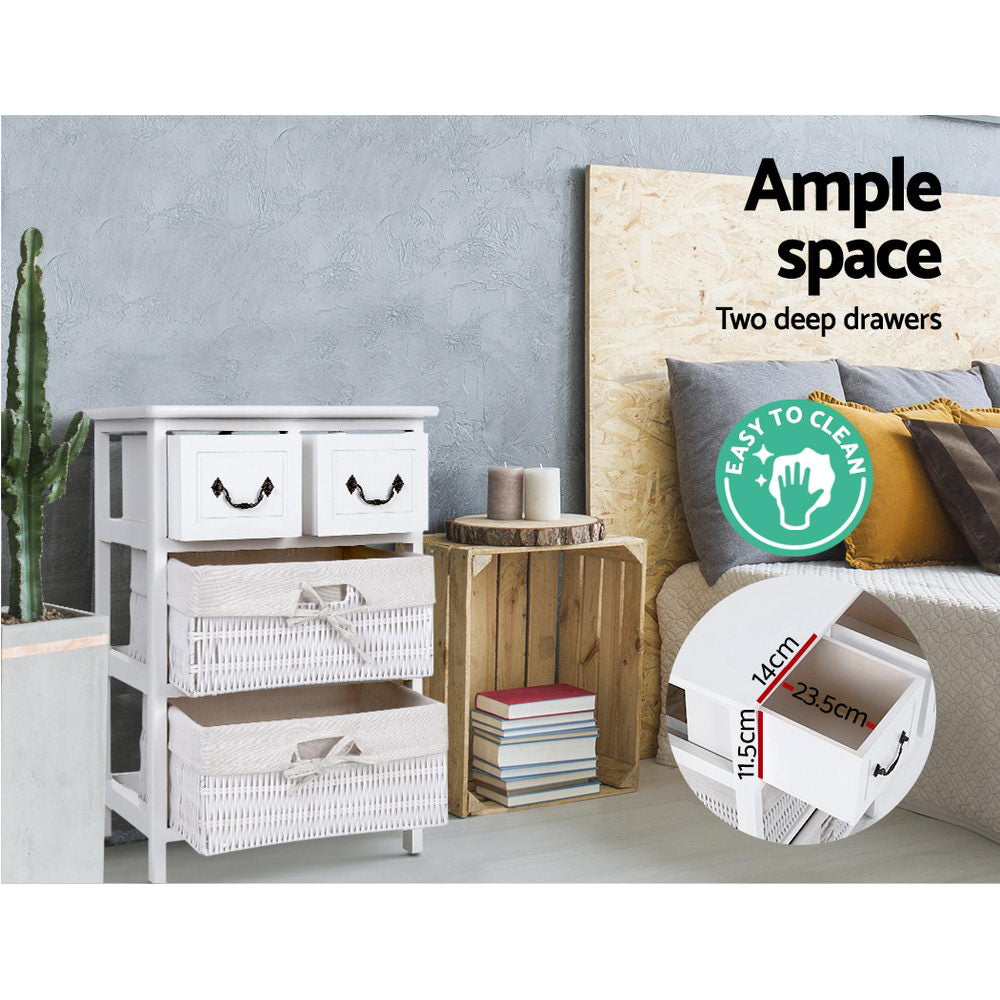 Artiss Alcott Rustic Bedside Storage Table with Wicker Baskets