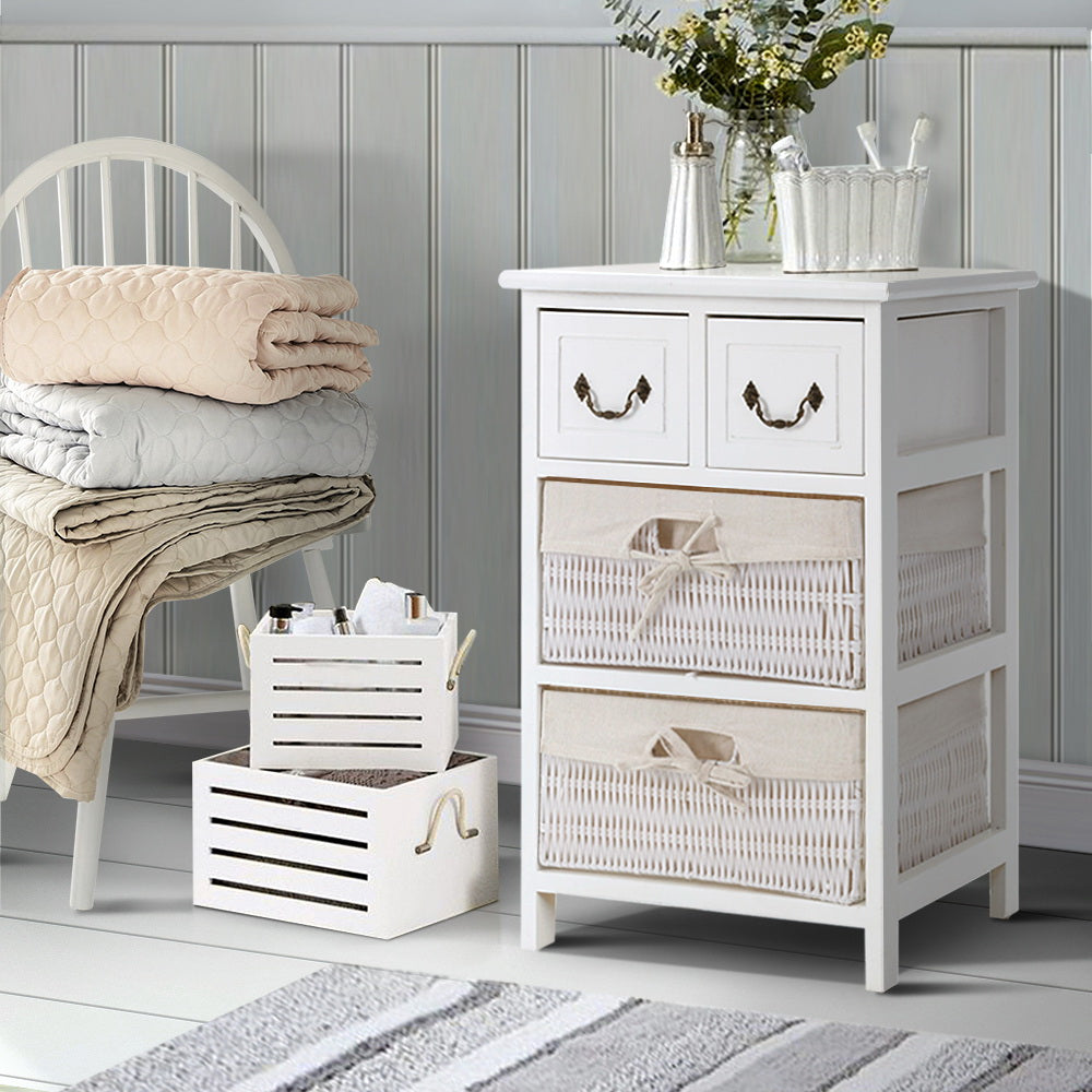 Artiss Alcott Rustic Bedside Storage Table with Wicker Baskets