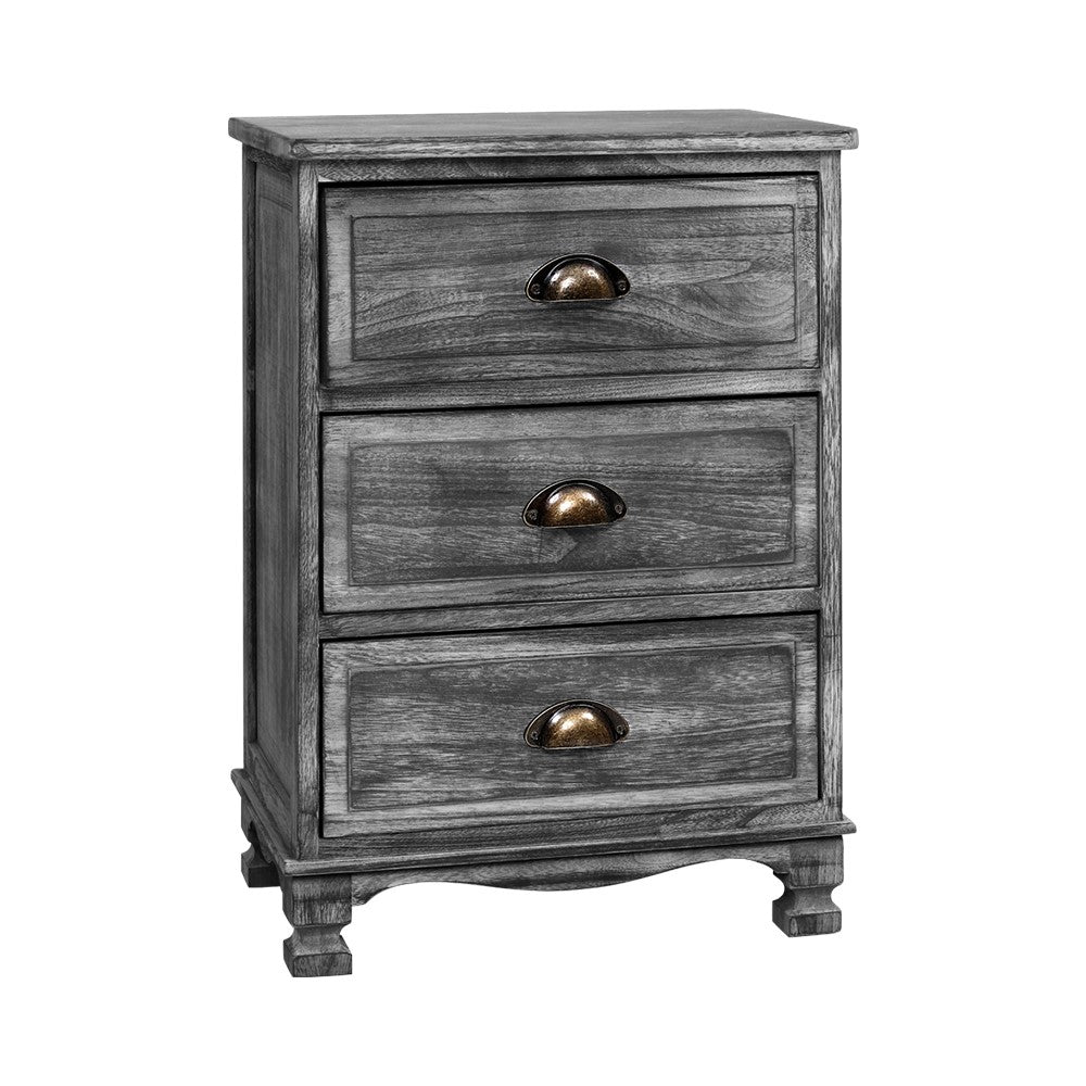 Vintage Grey 3-Drawer Nightstand with Curved Accents and Storage Cabinet