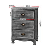 Vintage Grey 3-Drawer Nightstand with Curved Accents and Storage Cabinet - Side View