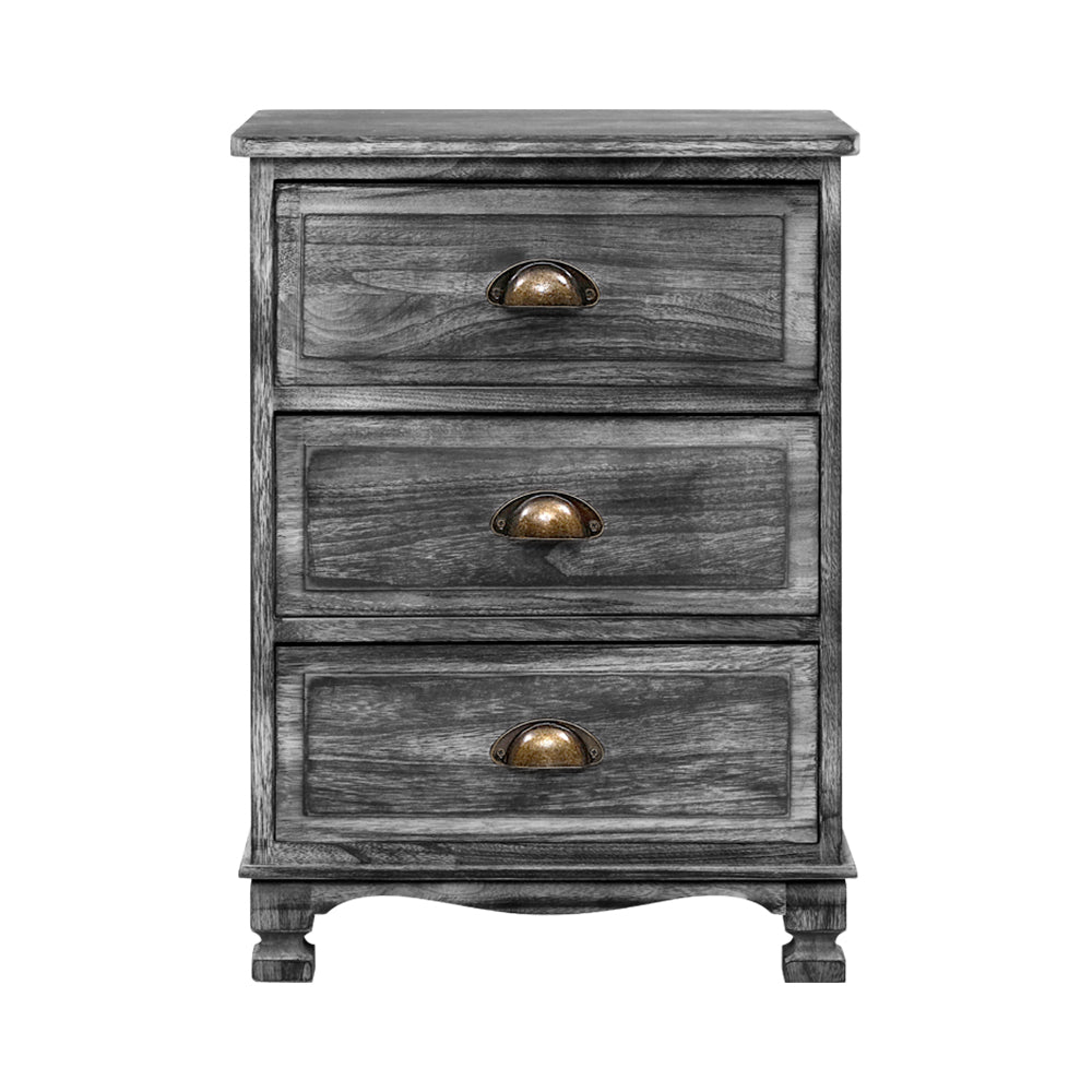 Vintage Grey 3-Drawer Nightstand with Curved Accents and Storage Cabinet